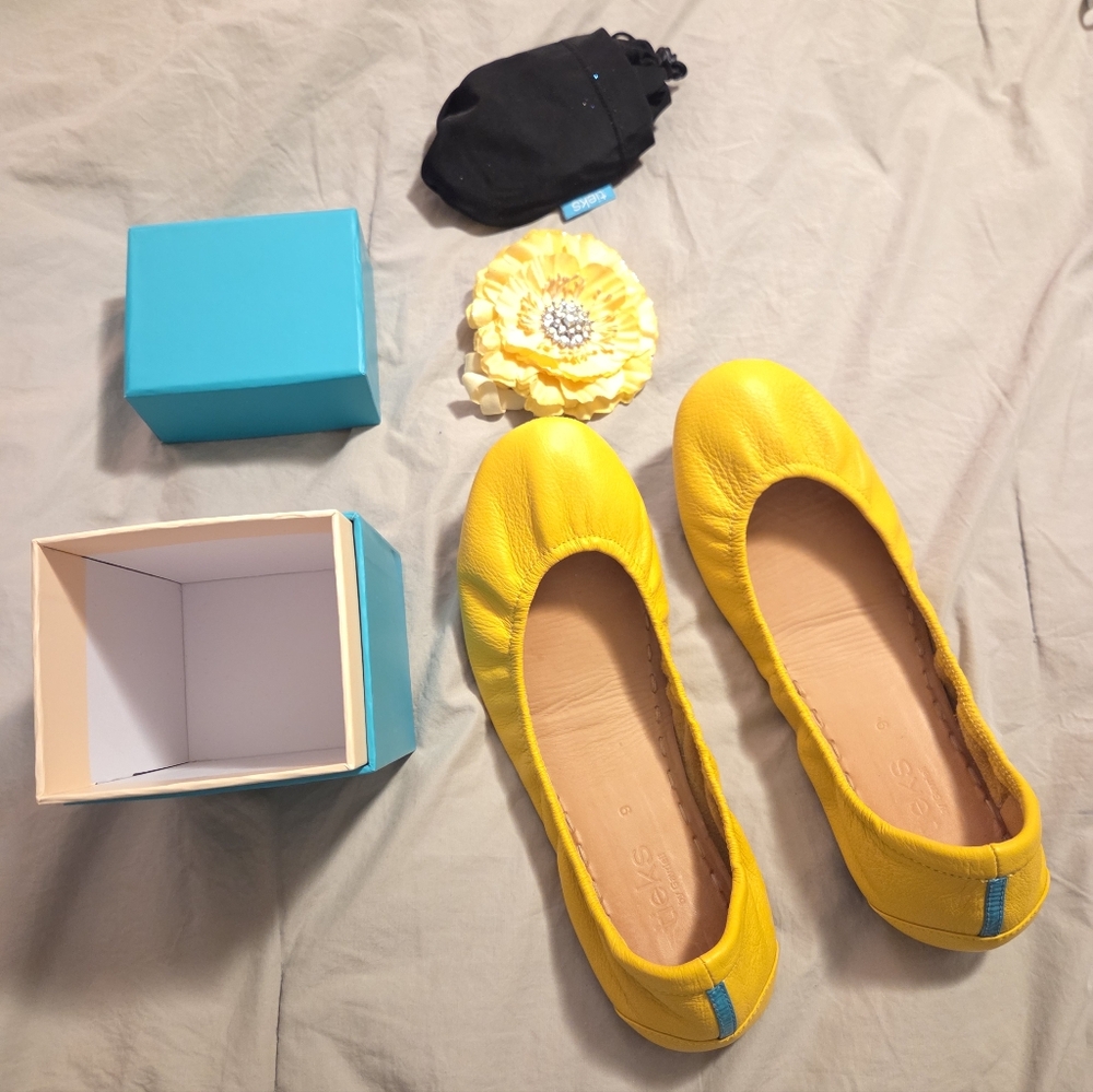 Tieks Yellow Flats with Elastic Trim and Foldable Design With A Box And Flower - Picture 12 of 13